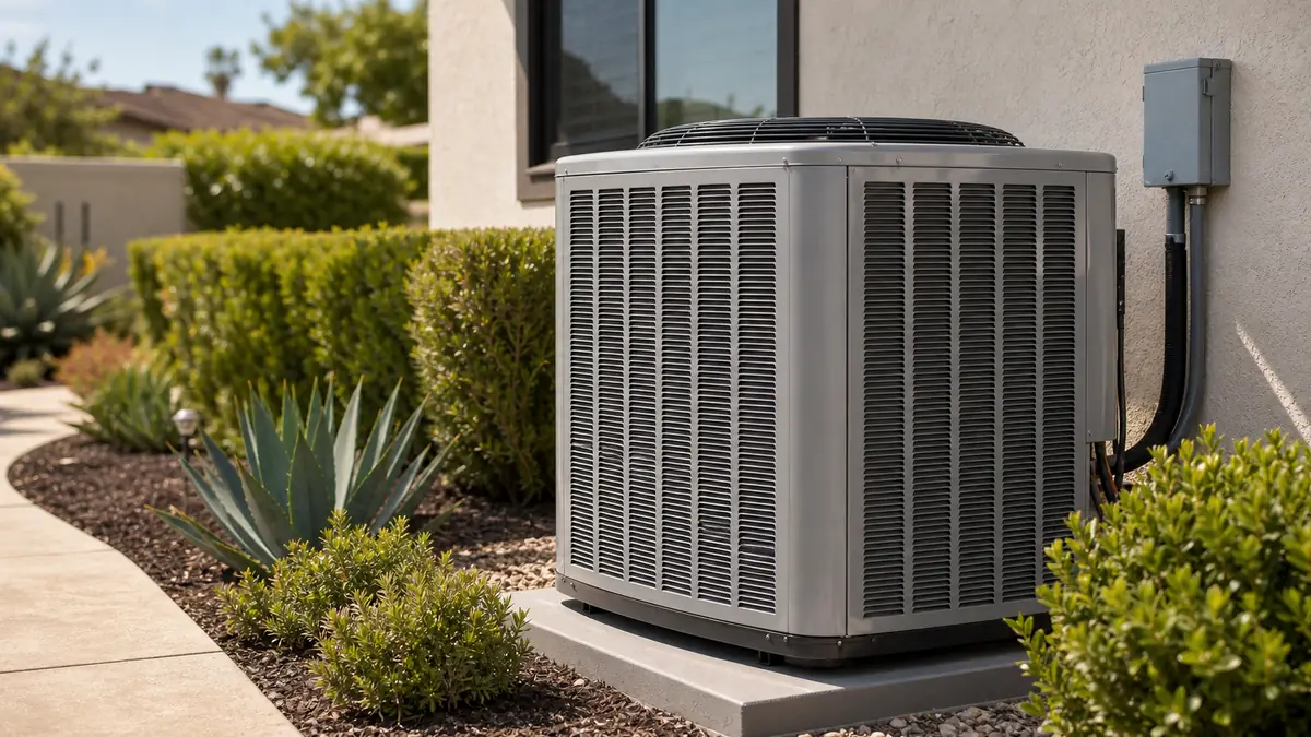 Trane XR-series condenser on a pad beside an Encino single-story home