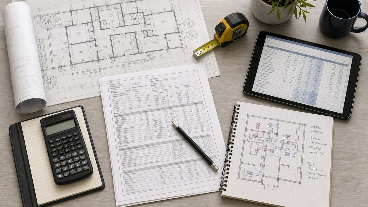 Load-calculation worksheet and blueprint for sizing an Encino HVAC system