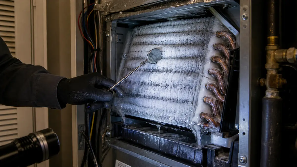 Frozen Trane evaporator coil with ice on the fins during an Encino service call