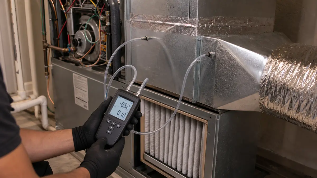 Manometer reading high static pressure on a Trane air handler in Encino