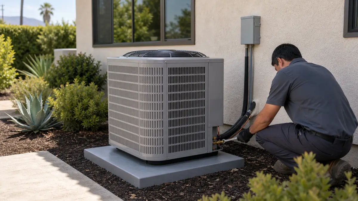 New Trane condenser set on a pad beside an Encino ranch home
