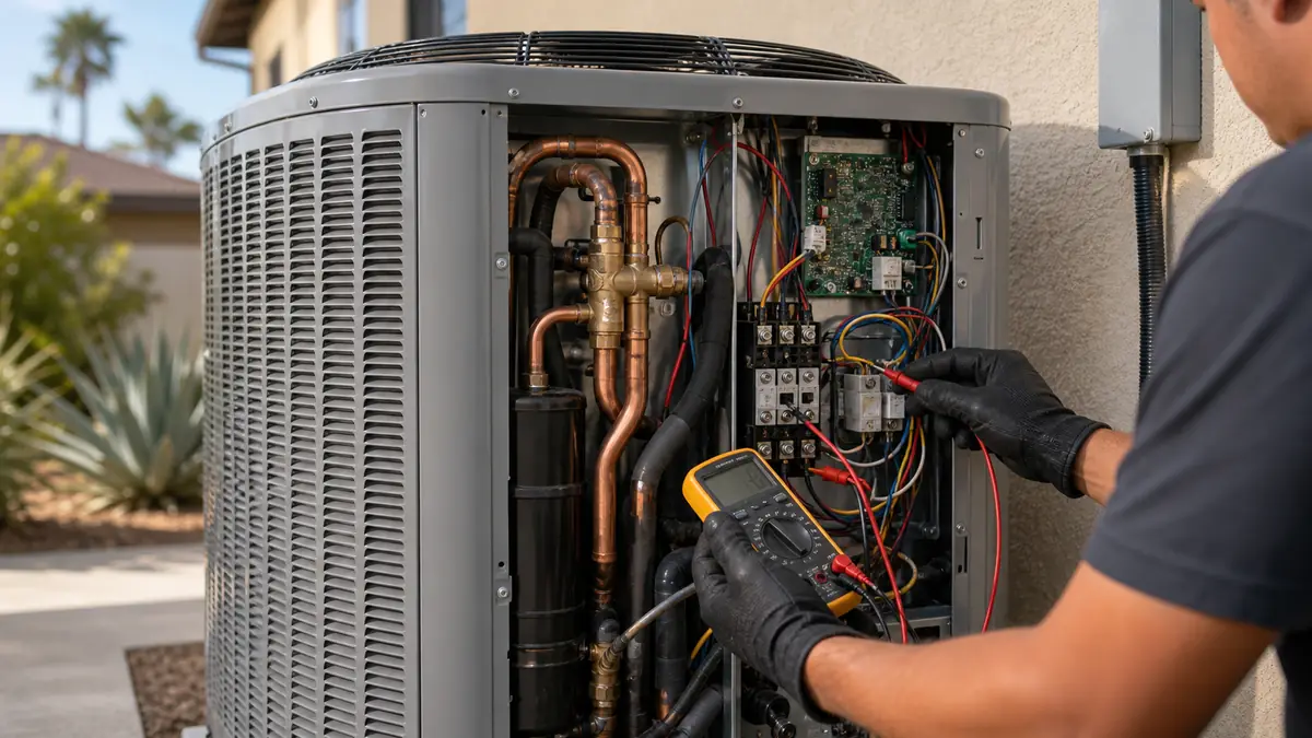 Technician metering a Trane heat-pump reversing valve on an Encino service call